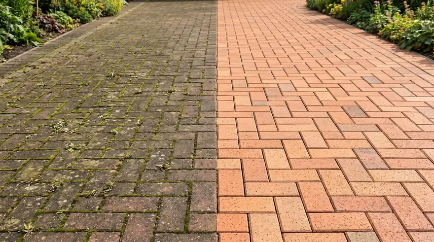 Block paving driveway, half covered in moss and grime, half restored to clean brick after pressure washing