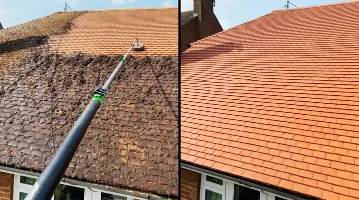 Roof tiles half covered in thick moss being cleaned, next to the same roof fully restored to clean terracotta